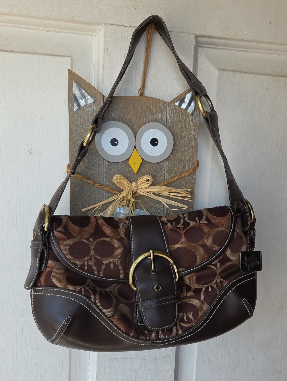 Coach Brown Signature Canvas Shoulder Bag with Dark Brown Leather Soho Inspried.
